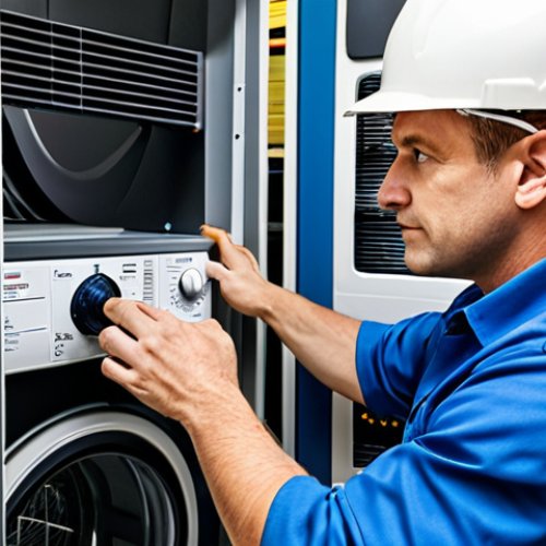 Home 18 A professional electrician, fully clothed in a modest work uniform, is carefully inspecting the electrical connection of a modern clothes dryer in a clean, well-organized utility room. The scene emphasizes electrical safety, with a focus on proper wiring and a visible, dedicated circuit breaker panel in the background. The lighting is bright and even. Safe for work, appropriate content, fully clothed, professional, perfect anatomy, correct proportions, natural pose, well-formed hands, proper finger count, natural body proportions, professional photography, high quality.