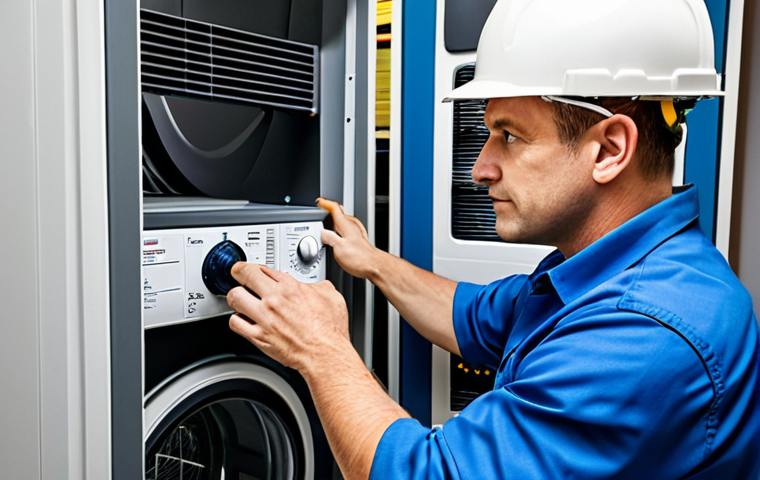 A professional electrician, fully clothed in a modest work uniform, is carefully inspecting the electrical connection of a modern clothes dryer in a clean, well-organized utility room. The scene emphasizes electrical safety, with a focus on proper wiring and a visible, dedicated circuit breaker panel in the background. The lighting is bright and even. Safe for work, appropriate content, fully clothed, professional, perfect anatomy, correct proportions, natural pose, well-formed hands, proper finger count, natural body proportions, professional photography, high quality.