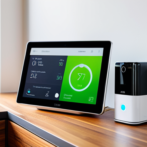 Home 10 Smart Home Hub**
A sleek, modern smart home hub device sitting on a polished wooden table in a brightly lit living room. Around it, subtly blurred in the background, are elements hinting at a connected home: a smart thermostat on the wall, a stylish smart bulb illuminating a corner, and a glimpse of a tablet displaying a smart home control panel. The hub should look sophisticated and user-friendly. Focus on clean lines and a sense of seamless integration. The scene conveys ease of use and a connected lifestyle, emphasizing convenience and control in a contemporary Portuguese home. Perfect anatomy, correct proportions, professional product photography, high quality, safe for work, appropriate content, fully clothed, professional.
**