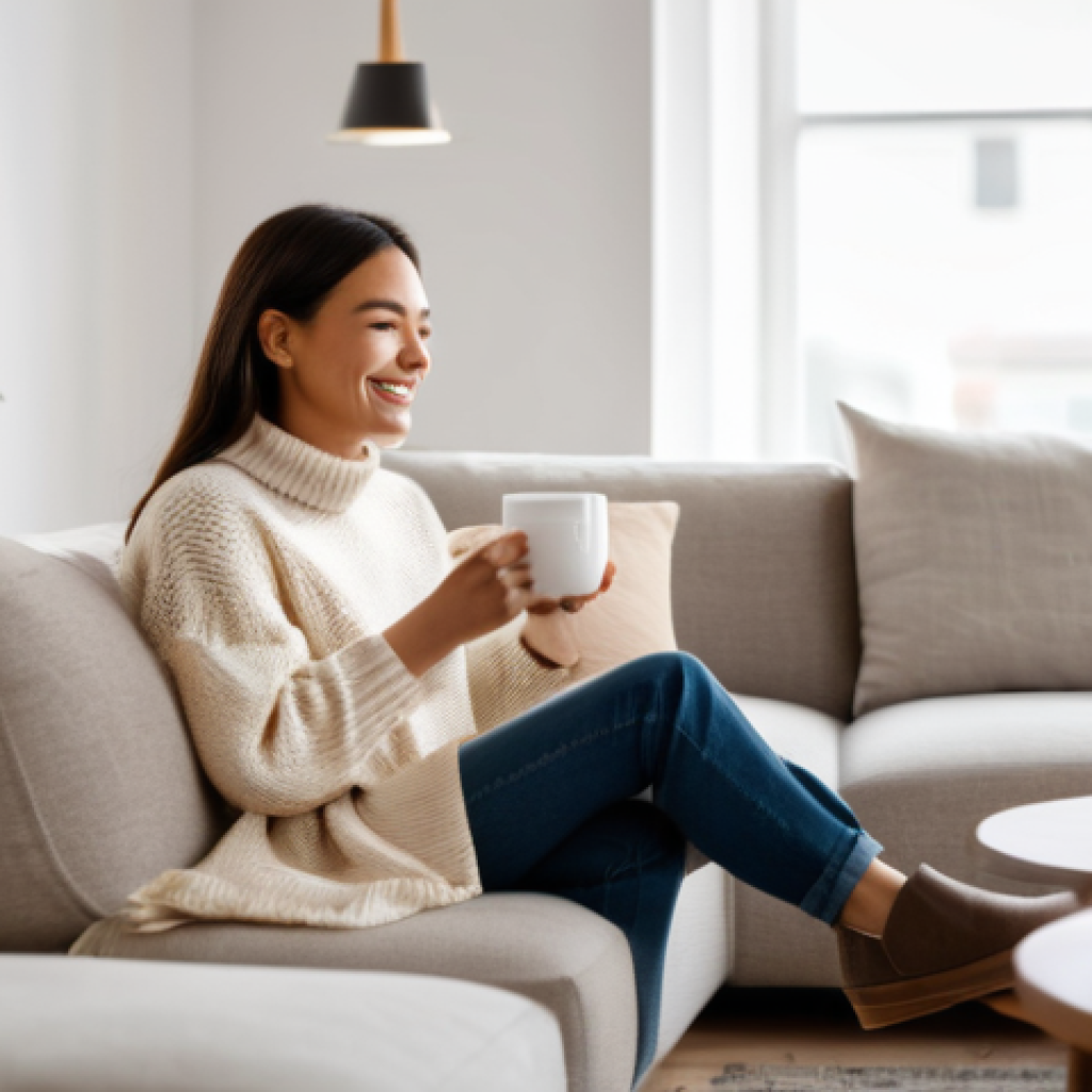 LED 조명 장점 - **Prompt:** A cozy and inviting living room illuminated by warm, soft LED lighting. A young woman, i...