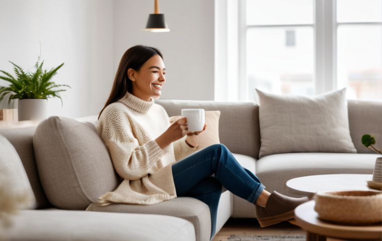 LED 조명 장점 - **Prompt:** A cozy and inviting living room illuminated by warm, soft LED lighting. A young woman, i...