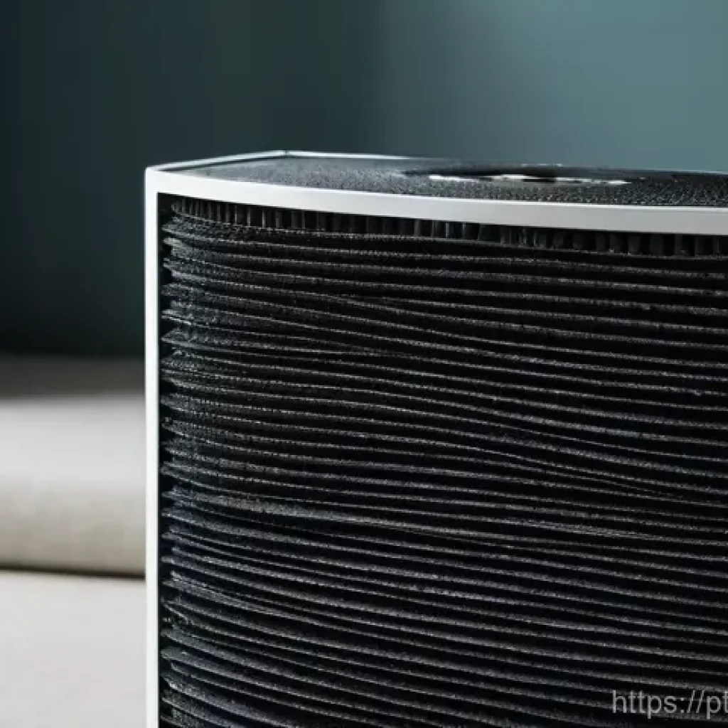 공기청정기 필터 관리 - Prompt for a Saturated Air Purifier Filter:**
"A close-up, highly detailed shot of a heavily saturat...