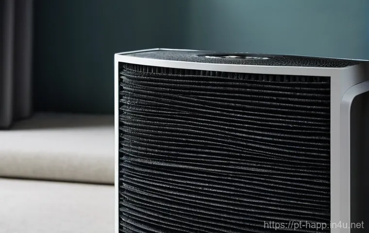공기청정기 필터 관리 - Prompt for a Saturated Air Purifier Filter:**
"A close-up, highly detailed shot of a heavily saturat...
