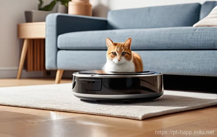로봇청소기와 진공청소기 비교 - **"Daily Effortless Clean with Robot Vacuum"**
    A bright, modern living room with light wooden fl...