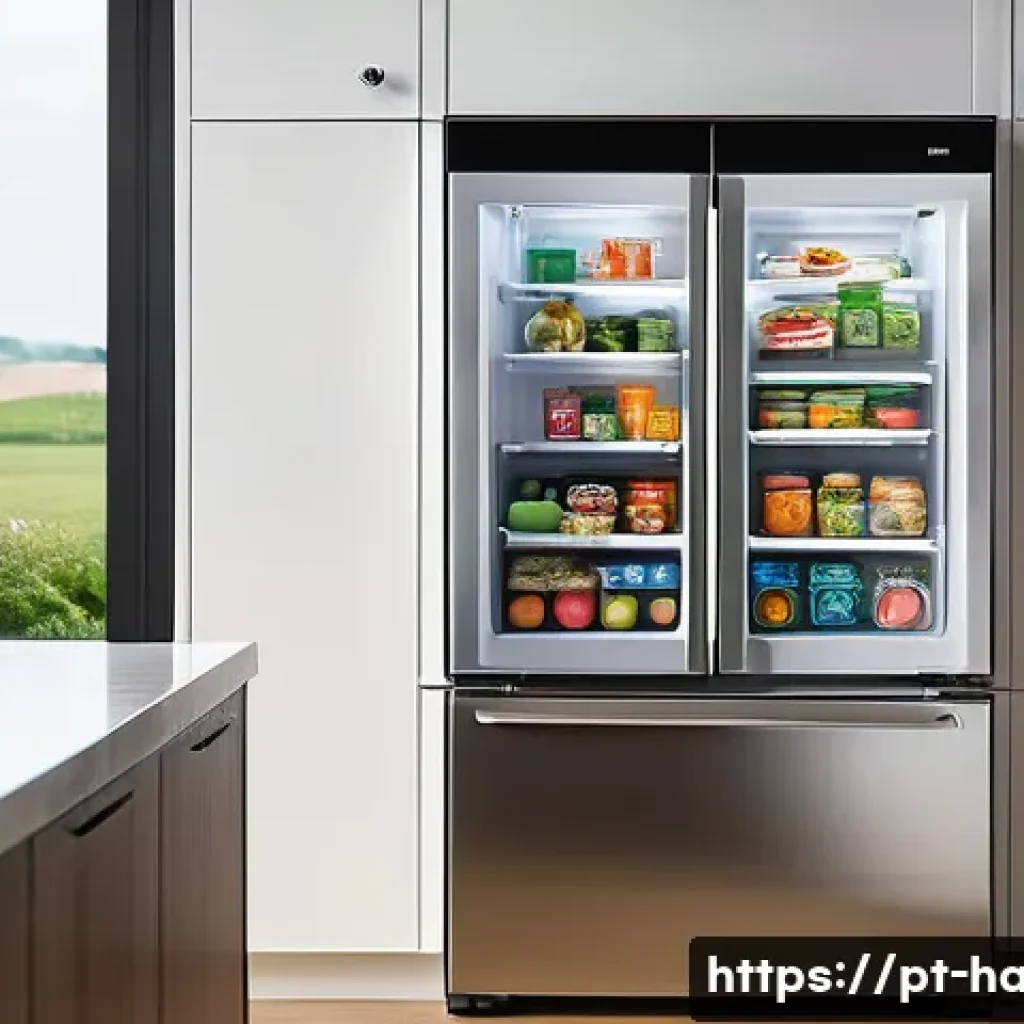 스마트 냉장고 활용법 - A modern kitchen scene showcasing a sleek smart refrigerator with a transparent digital touchscreen ...