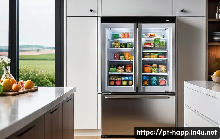 스마트 냉장고 활용법 - A modern kitchen scene showcasing a sleek smart refrigerator with a transparent digital touchscreen ...