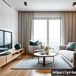 Home 21 에어컨 설치 팁 - A modern living room in a Brazilian apartment featuring a sleek split air-conditioning unit installe...