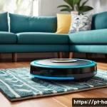 Home 20 로봇청소기 오류 해결 - A modern robot vacuum cleaner navigating a clean, organized living room with hardwood floors, avoidi...
