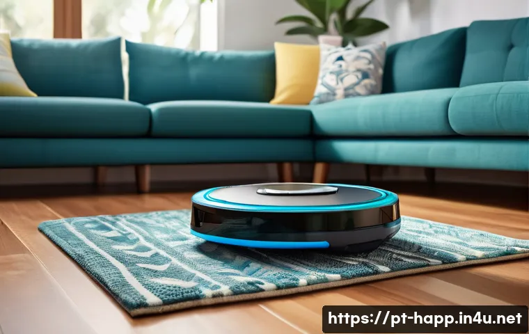 로봇청소기 오류 해결 - A modern robot vacuum cleaner navigating a clean, organized living room with hardwood floors, avoidi...