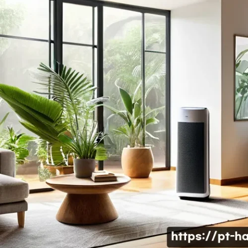 Home 31 공기청정기 가성비 모델 - A modern Brazilian living room interior featuring a medium-sized air purifier with HEPA and activate...