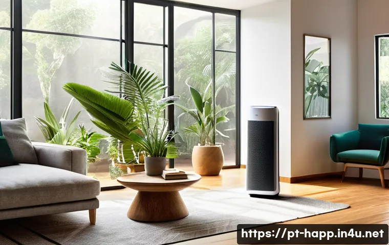 공기청정기 가성비 모델 - A modern Brazilian living room interior featuring a medium-sized air purifier with HEPA and activate...