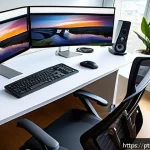 Home 18 홈 오피스 가전 선택 - A modern home office setup in a bright room designed for Brazilian professionals, featuring a sleek ...