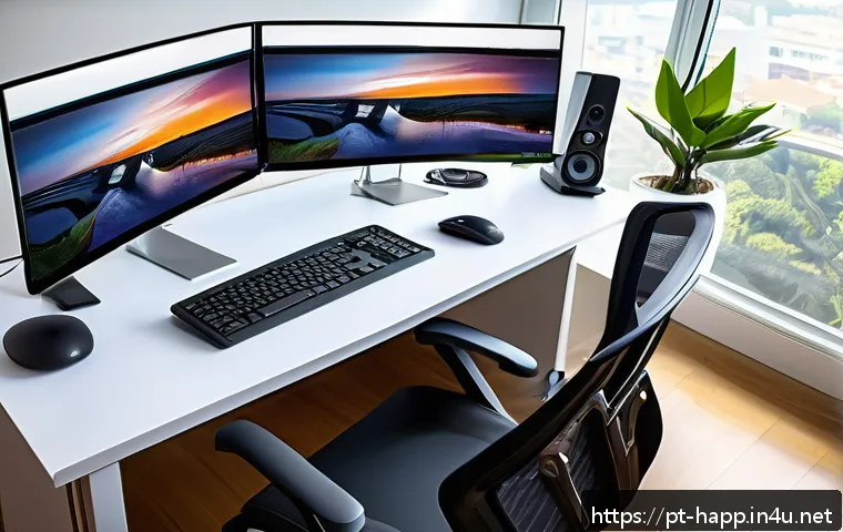 홈 오피스 가전 선택 - A modern home office setup in a bright room designed for Brazilian professionals, featuring a sleek ...