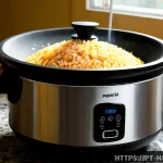 전기밥솥 고장 원인 - Photorealistic close-up of a malfunctioning Brazilian-style electric rice cooker on a granite kitche...