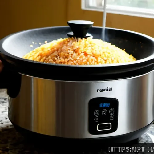 전기밥솥 고장 원인 - Photorealistic close-up of a malfunctioning Brazilian-style electric rice cooker on a granite kitche...