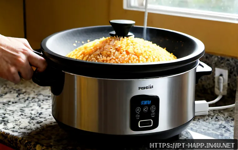 전기밥솥 고장 원인 - Photorealistic close-up of a malfunctioning Brazilian-style electric rice cooker on a granite kitche...