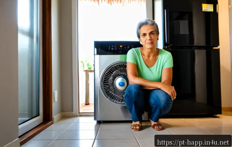 Home 17 냉장고 컴프레서 소음 - Photorealistic Brazilian home kitchen, a middle-aged homeowner crouching beside a modern stainless-s...